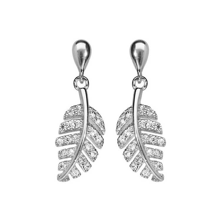 Boucles D'Oreilles Tige Argent Rhodie Pendant Feuillage Oxyd