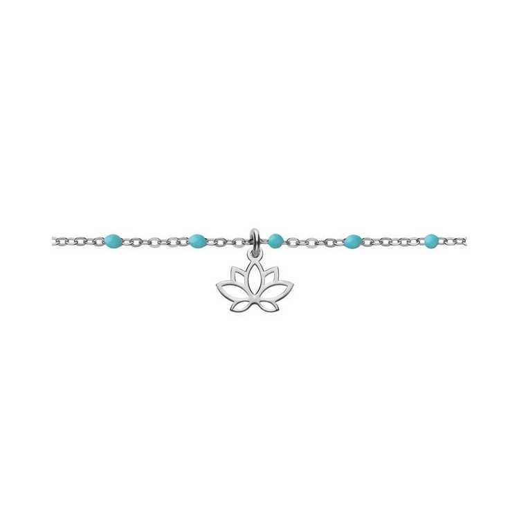 Bracelet Argent Rhodie Boules Résine Bleu Avec Fleur De Lotu