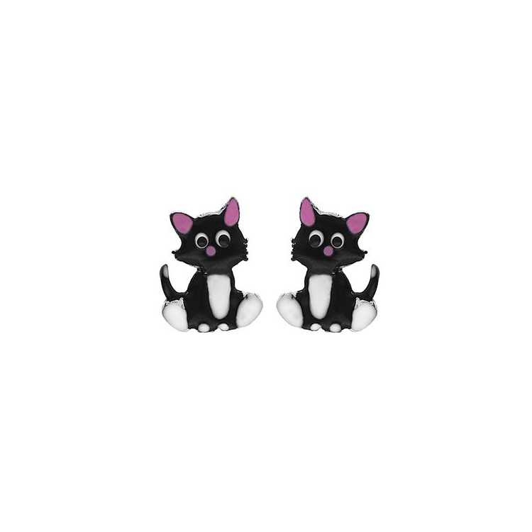 Boucles D'Oreilles Tige Argent Rhodie Chat Emaillé