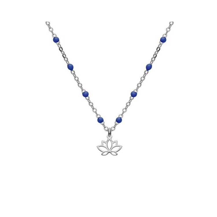 Collier Argent Rhodie Boules Résine Bleu Avec Fleur De Lotus