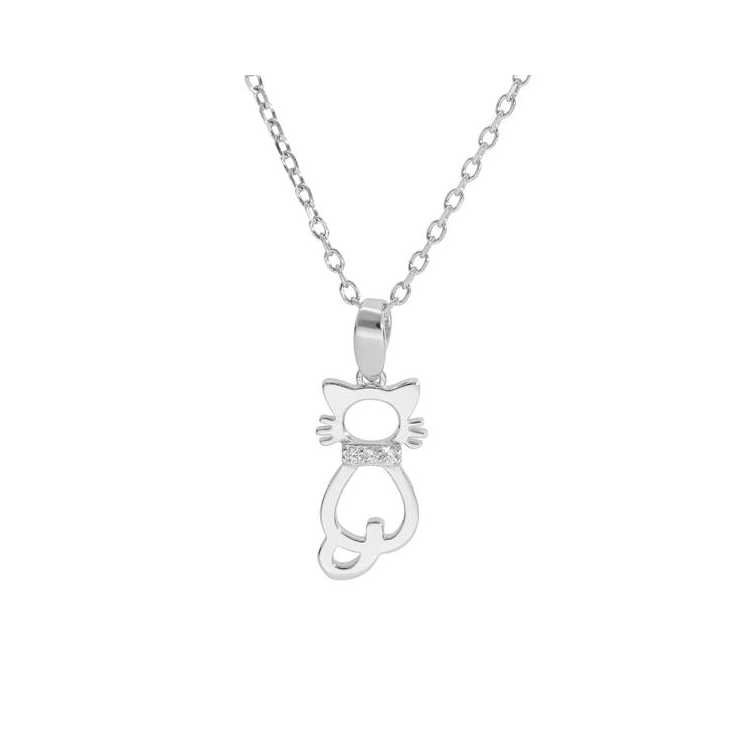 Collier Argent Rhodie Pendentif Chat Ajouré 40+5Cm