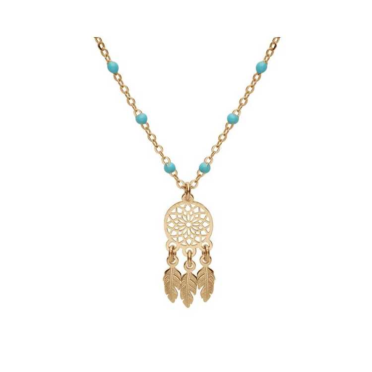 Collier Argent Et Dorure Jaune Boules Résine Turquoise Imita