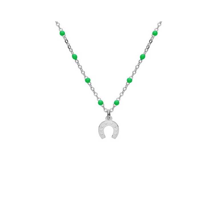 Collier Argent Rhodie Boules Résine Vertes Avec Fer A Cheval