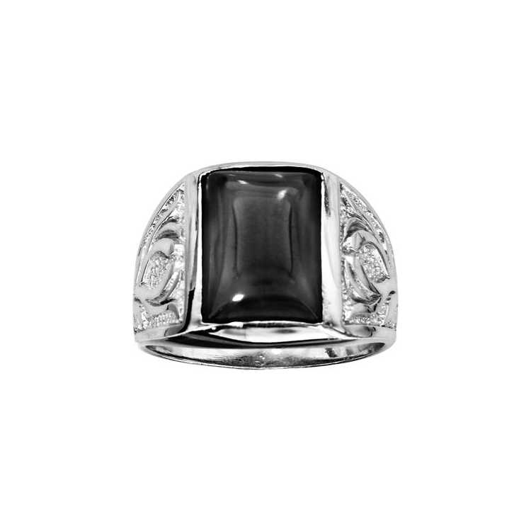 Bague Argent Rhodie Mixte Agate Noire