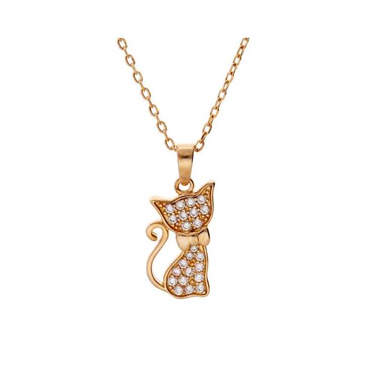 Collier Plaqué Or Pendentif Chat Oxydes Blancs Sertis 43Cm R