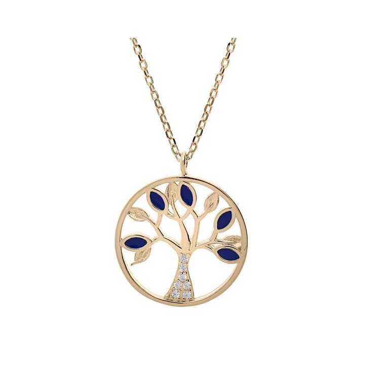 Collier Plaqué Or Arbre De Vie Oxydes Bleus Et Blancs Sertis