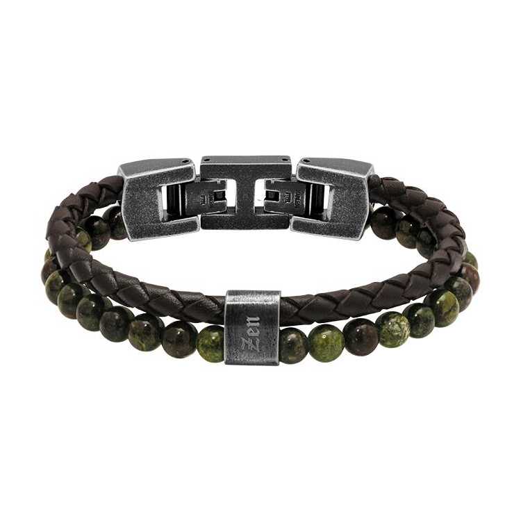 Bracelet Karma 5Mm Cuir Tressé Marron Et Jaspe Verte