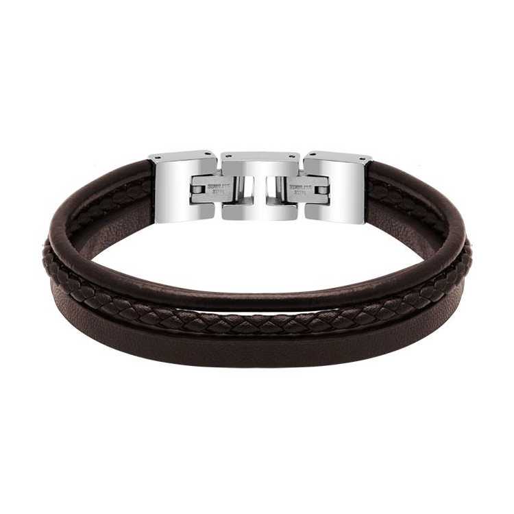 Bracelet Stanford Acier Poli Et 3 Cuirs Plat, Rond Et Tressé