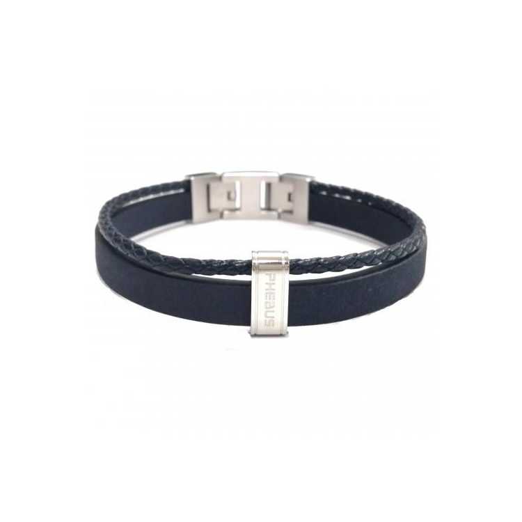 Bracelet  Acier, Cuir De Vache Et Microfibre Bleu-19+1,5Cm