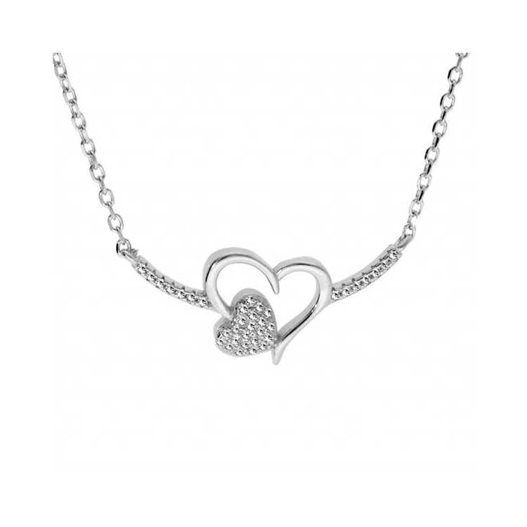 Collier Argent Rhodie Pendentif Coeur Evidé Avec Coeurs Oxyd