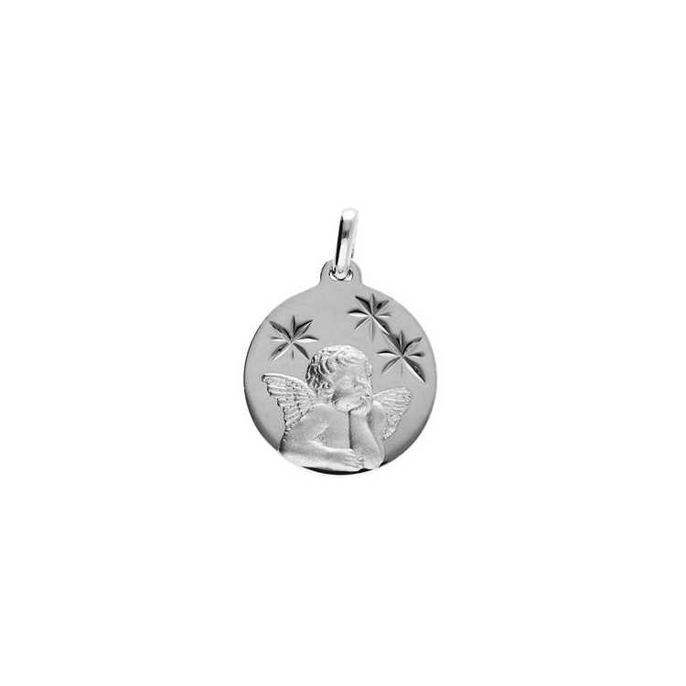 Pendentif Argent Platine Medaille 15Mm Diamant  Etoile Avec