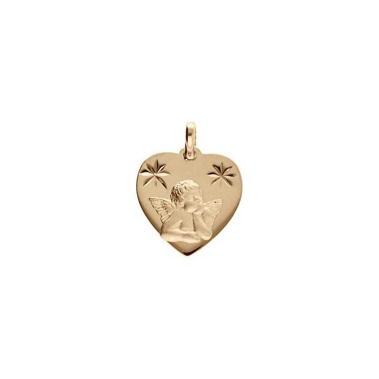 Pendentif Plaque Or Coeur Contour Diamant Avec Ange