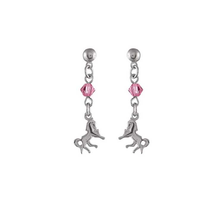 Boucles D'Oreilles  Argent Rhodie Motif Cheval Pierre Rose