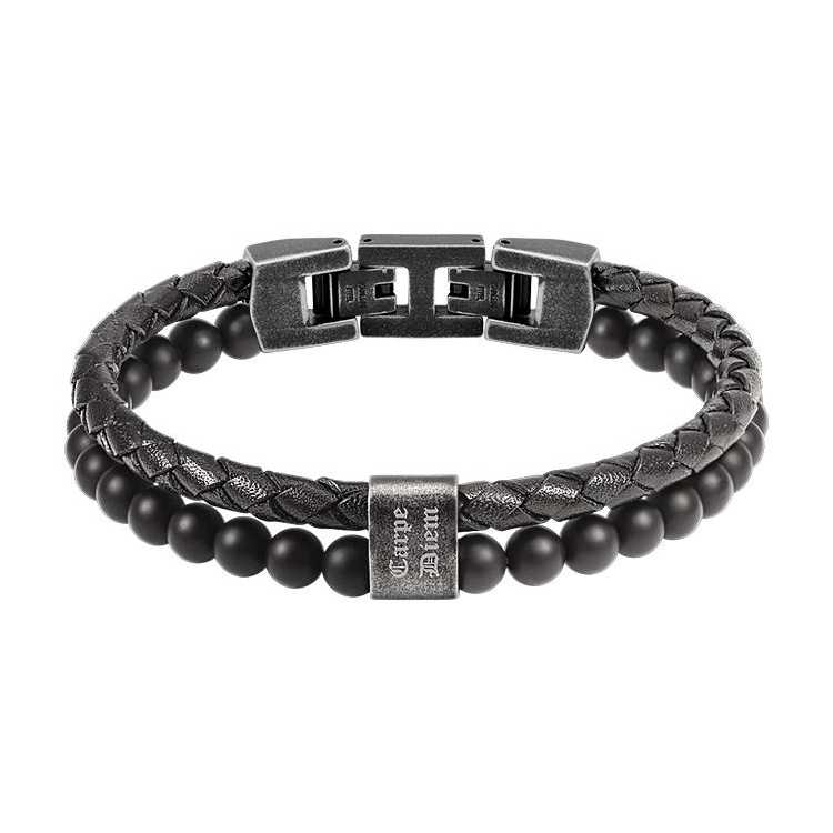 Bracelet Karma 5Mm Cuir Tressé Noir Et Agates Noires