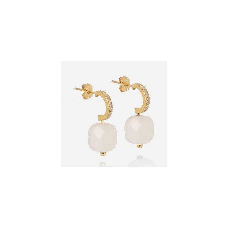 Boucle D Oreille–Medium–Acier Dore–Agate Blanche