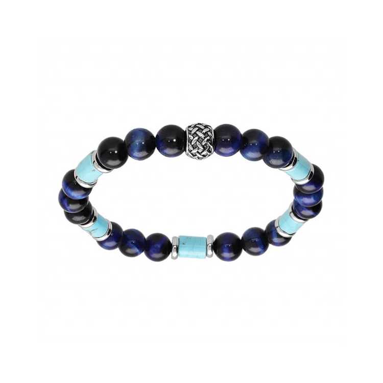 Bracelet Acier Extensible Boules Sodalite Véritable Et Motif