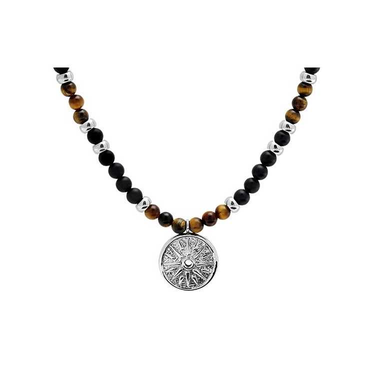 Collier Boheme 4Mm Perles Acier Poli, Oeil De Tigre Et Agate