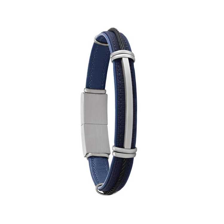 Otto- Bracelet Cuir, Cable Acier Bleu