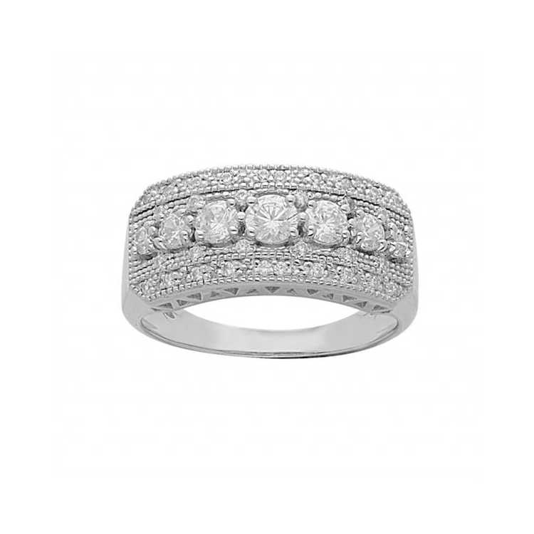 Bague Argent Platiné Grand Diametre Large Oxydes Blancs Sert