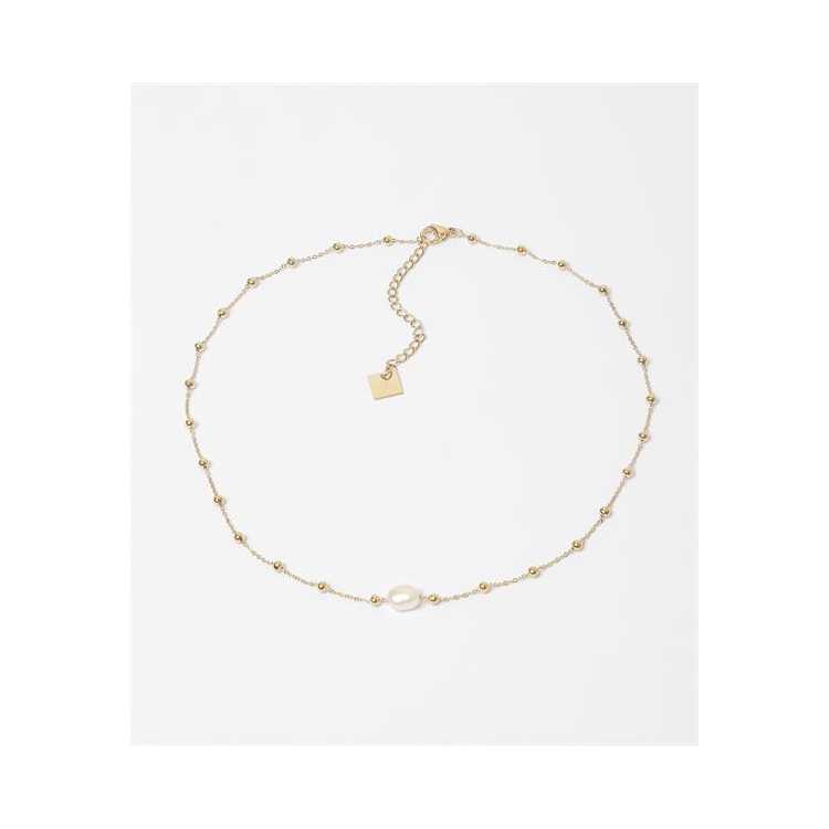 Collier–Acier Dore–Perle De Culture–36+5Cm