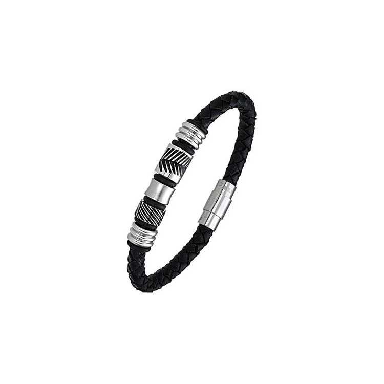 Bracelet Homme Acier Cuir Noir