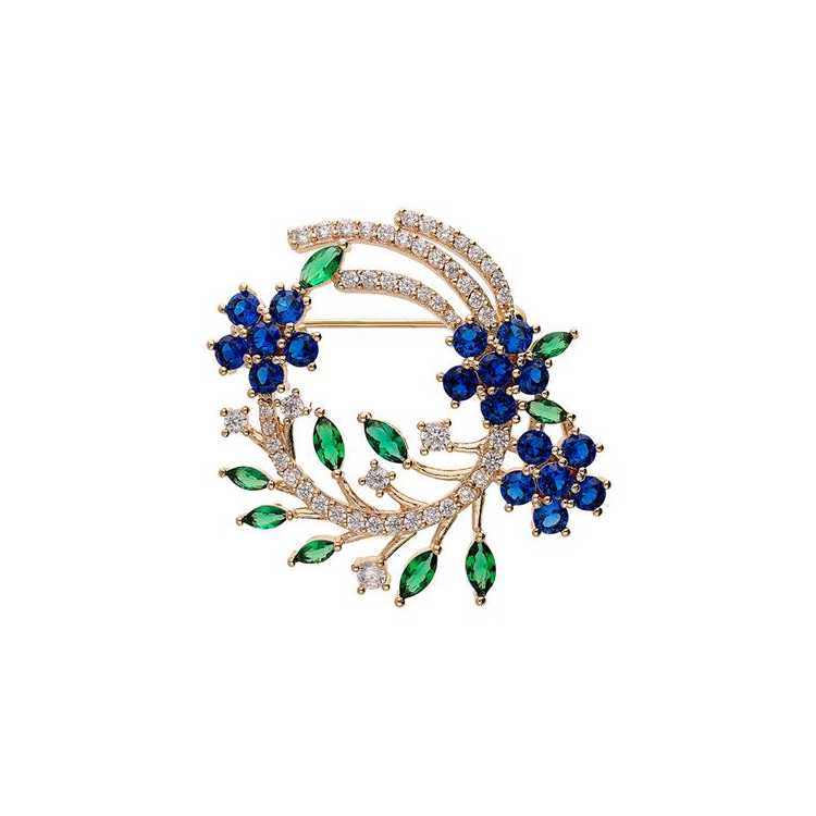 Broche Plaqué Or Feuillage Oxydes Blancs Bleus Et Verts