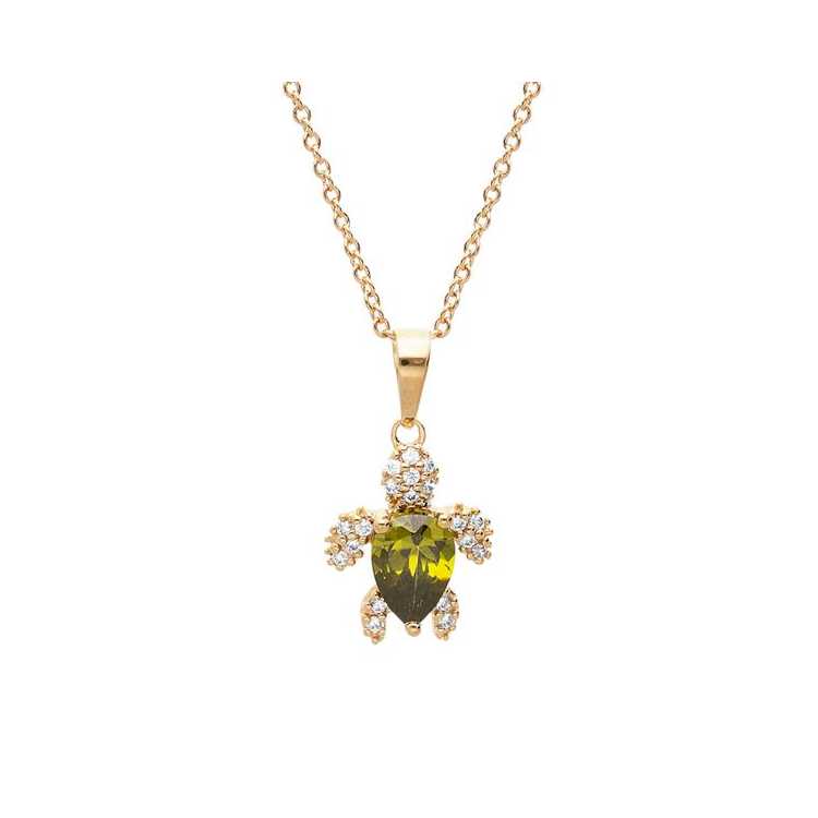 Collier Plaqué Or Pendentif Tortue Oxyde Vert Et Blancs 42+3