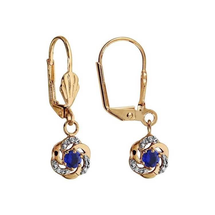 Boucles D'Oreilles Plaqué Or Dormeuse Fleur Bleu Fonce