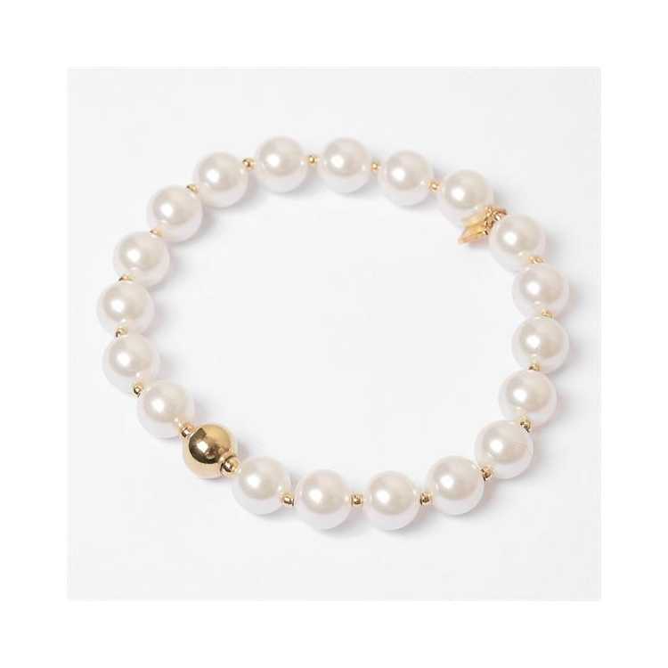 Braceletâ–Marlaâ–Acier Doreâ–Perle De Verre Nacreâ–Elastique
