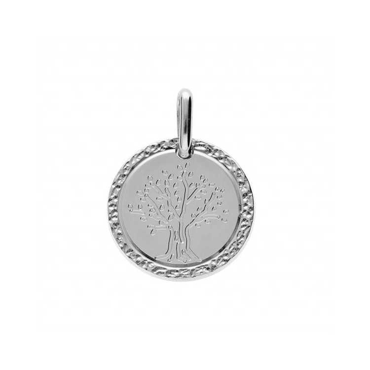 Pendentif Argent Rhodie Medaille  16Mm Avec Arbre De Vie Con