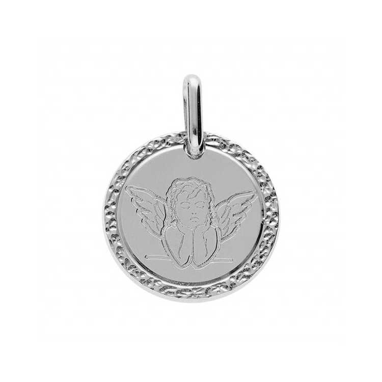 Pendentif Argent Rhodie Medaille  16Mm Avec Ange Contour Dia