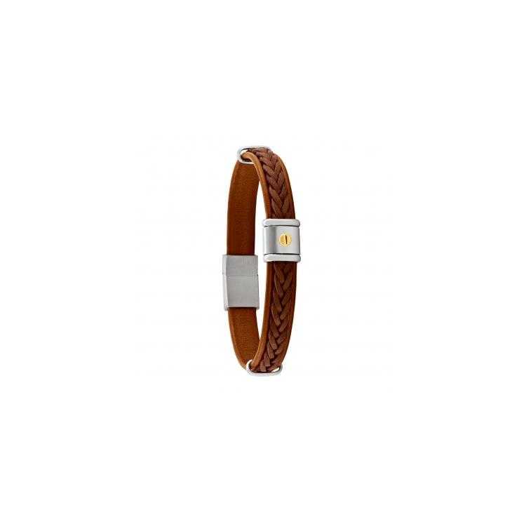 Horrens- Bracelet Cuir Tress Marron, Acier Et Vis Or