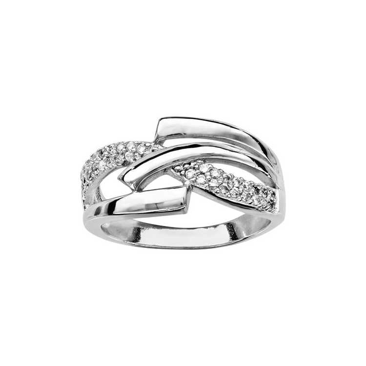 Bague Argent Rhodie Croisee Oxydes Blancs Sertis